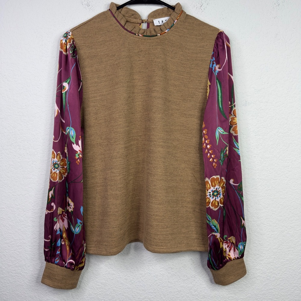 THML Shirt Womens S Brown Mixed Media Floral Satin Boho Romantic Cottagecore